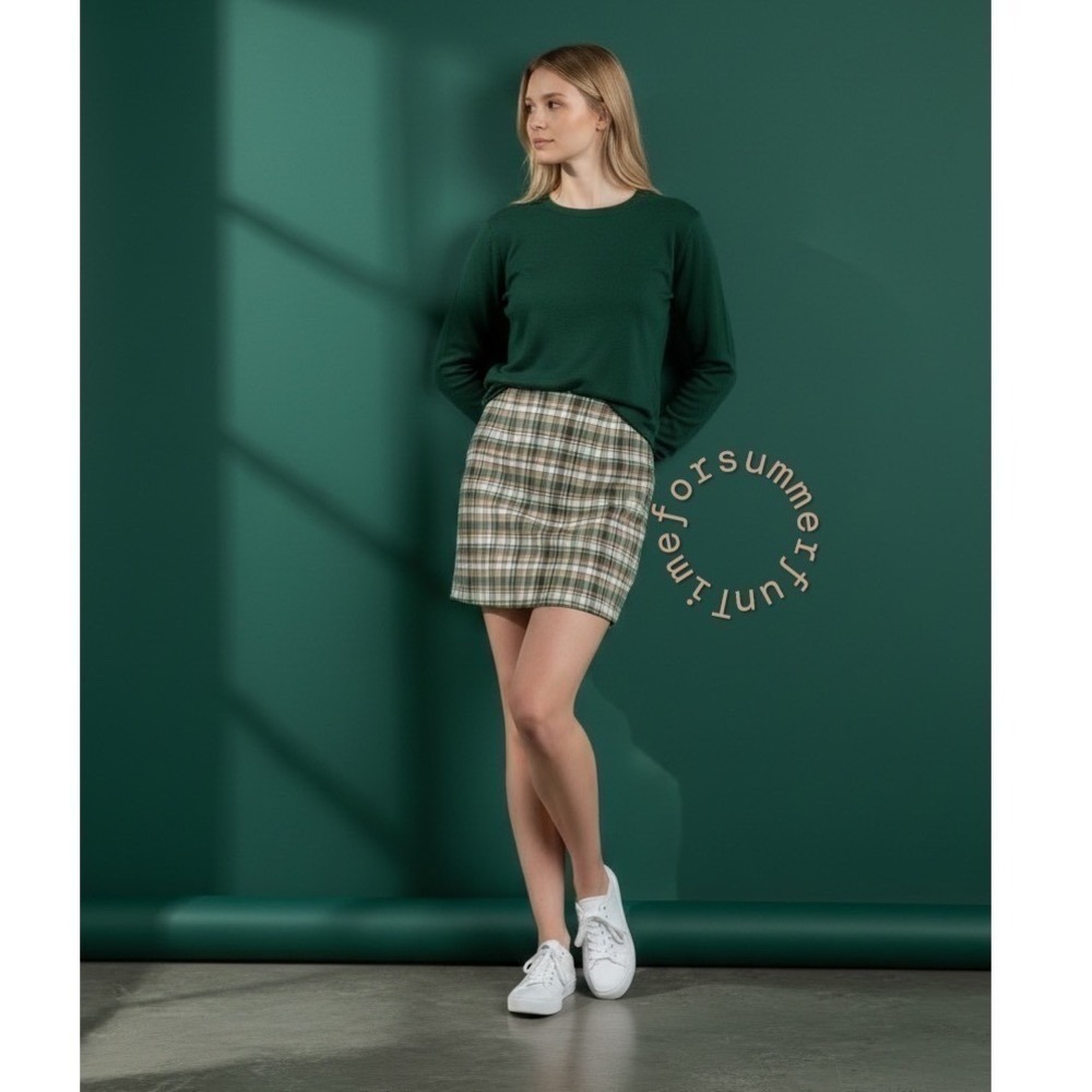 Zara Green Brown Plaid Mini Skirt Slim Fit Zip Back Academic S Small Womens